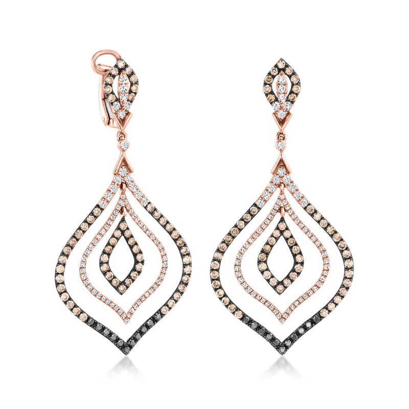 14kt rose gold multicolored diamond drop earrings with leaf-shaped and teardrop cutouts