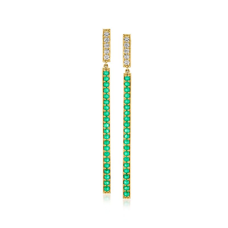 1.30 ct. t.w. Emerald and .37 ct. t.w. Diamond Linear Bar Drop Earrings in 14kt Yellow Gold