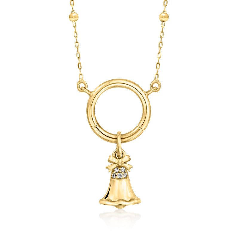 Yellow gold bell charm with diamond bow topper on circular bail