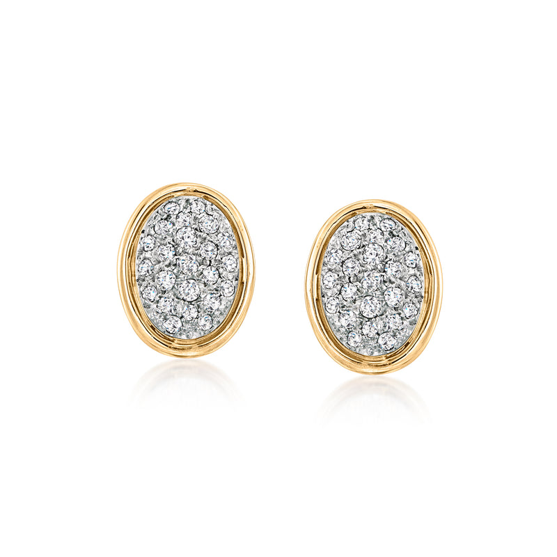Oval diamond cluster stud earrings in 14kt yellow gold, post backs, gold bezel frame
