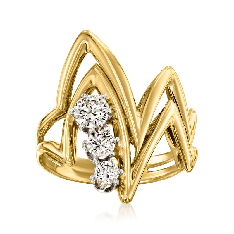 18kt yellow gold geometric ring with three round diamonds, vintage style