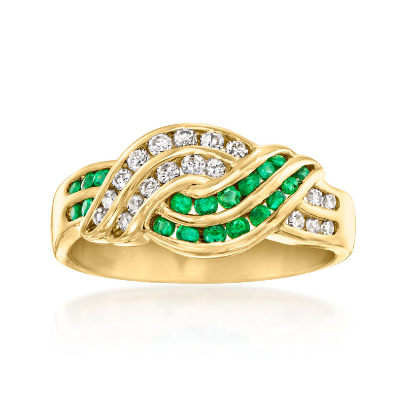 Twisted 14kt yellow gold ring with emerald-green gemstones and white diamond accents