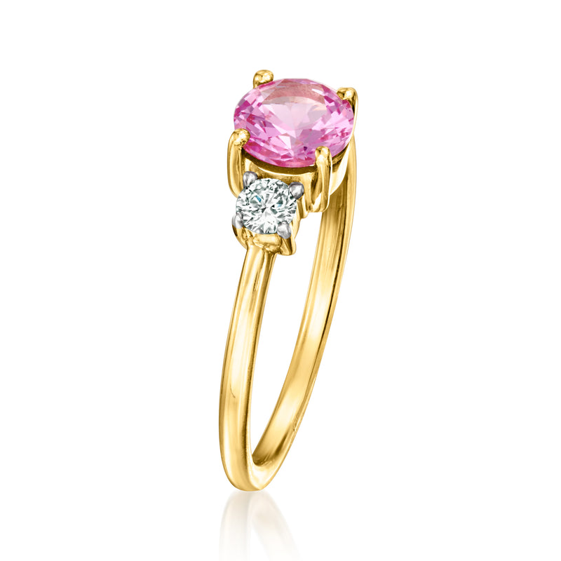 18kt gold over sterling ring with oval pink sapphire and two round diamonds