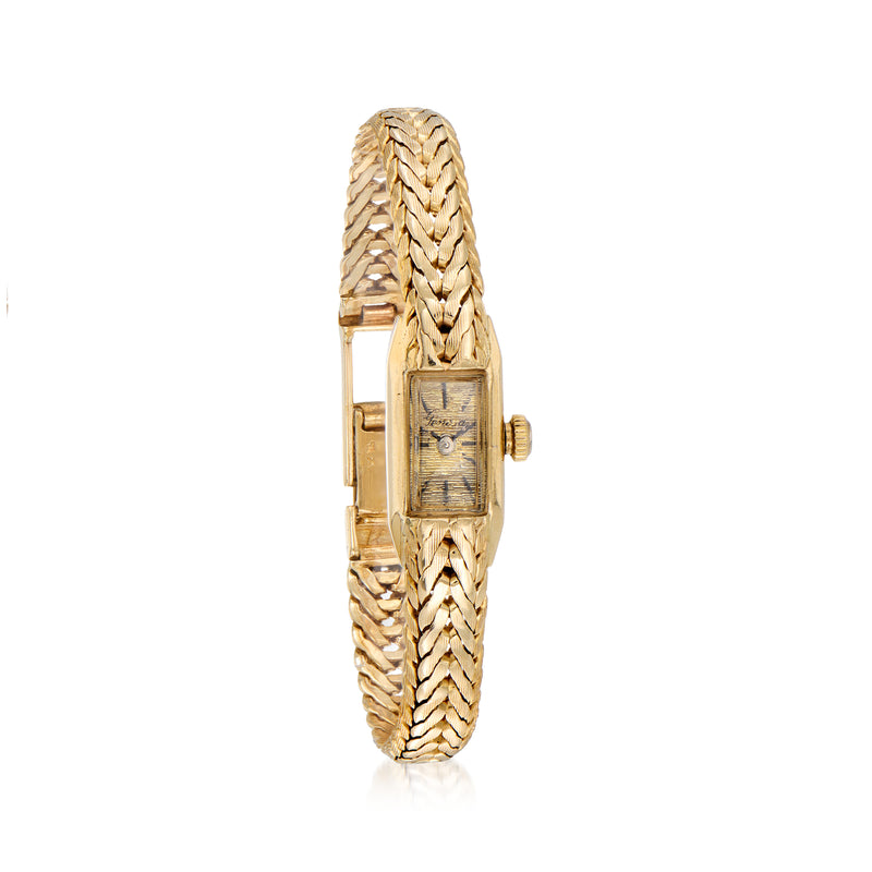 Vintage 14kt yellow gold women's watch with braided link bracelet and rectangular dial