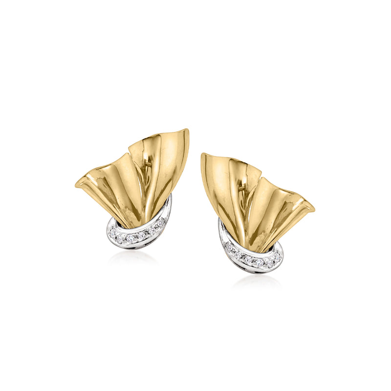 Vintage 14kt yellow gold fan earrings with diamond-accented curved base
