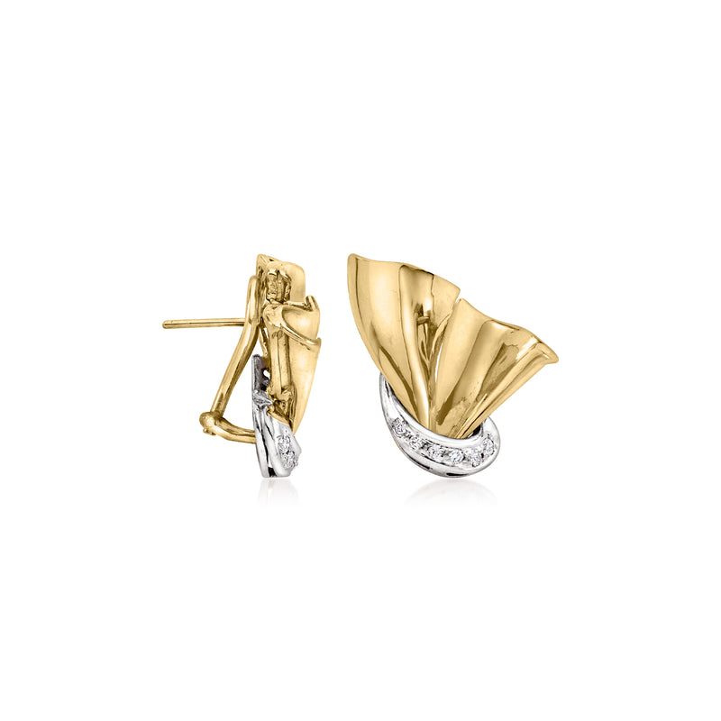 Vintage 14kt yellow gold fan earrings with diamond accents, side view