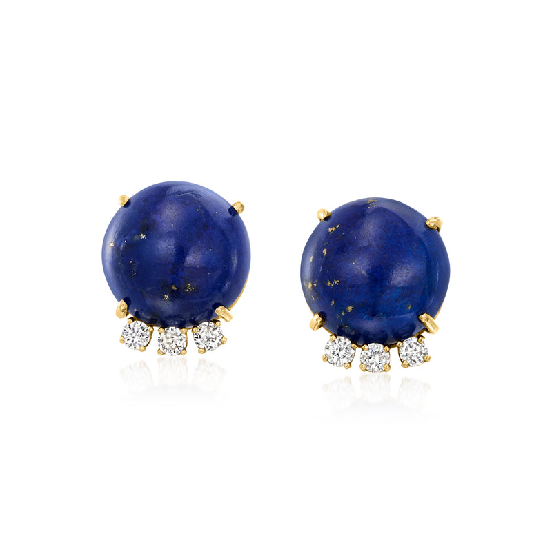 Vintage lapis and diamond stud earrings in 14kt yellow gold, blue cabochon with halo