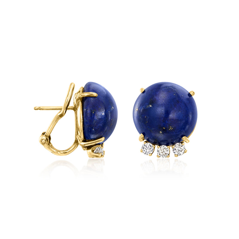 Vintage lapis and diamond hoop earrings in 14kt yellow gold, blue cabochon with cluster