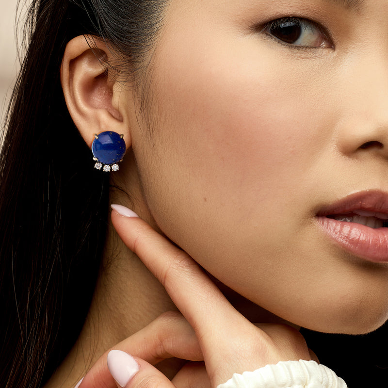 Lapis and diamond stud earrings in 14kt yellow gold, blue cabochon with diamond accents