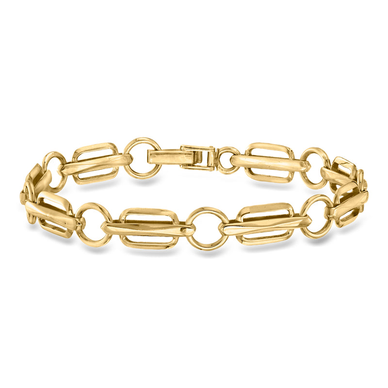 Yellow gold geometric link bracelet with alternating oval and bar links, hinged clasp.