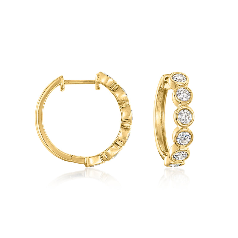 14kt yellow gold hoop earrings with five bezel-set round diamonds
