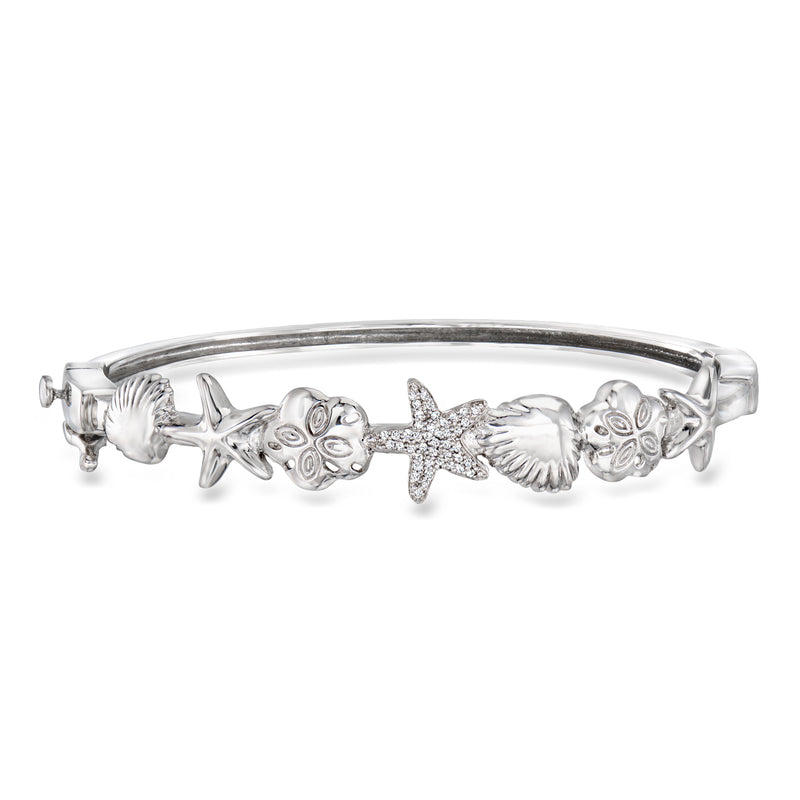 Sterling silver bangle bracelet with sea-life charms and diamond accents