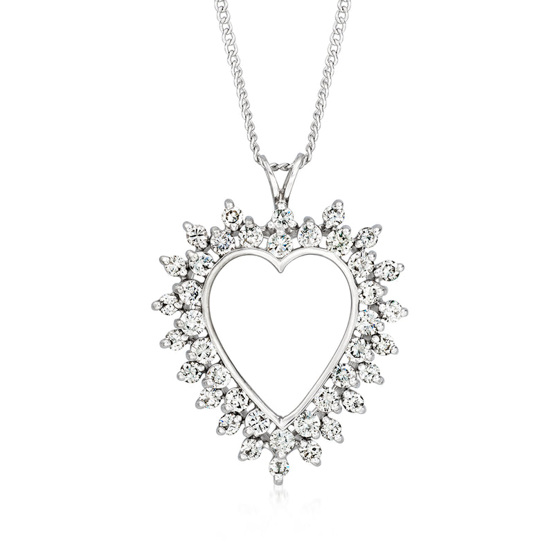 Diamond heart pendant necklace in 14kt white gold, clustered stones on heart