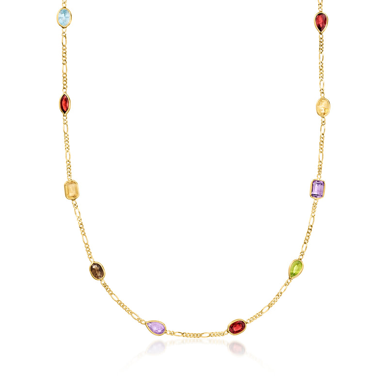 14kt yellow gold station necklace with multi-color gemstones along thin chain