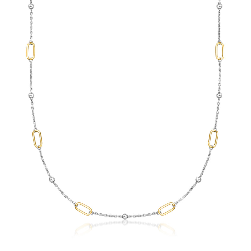 Paper clip link station necklace, silver chain with gold over sterling oval links