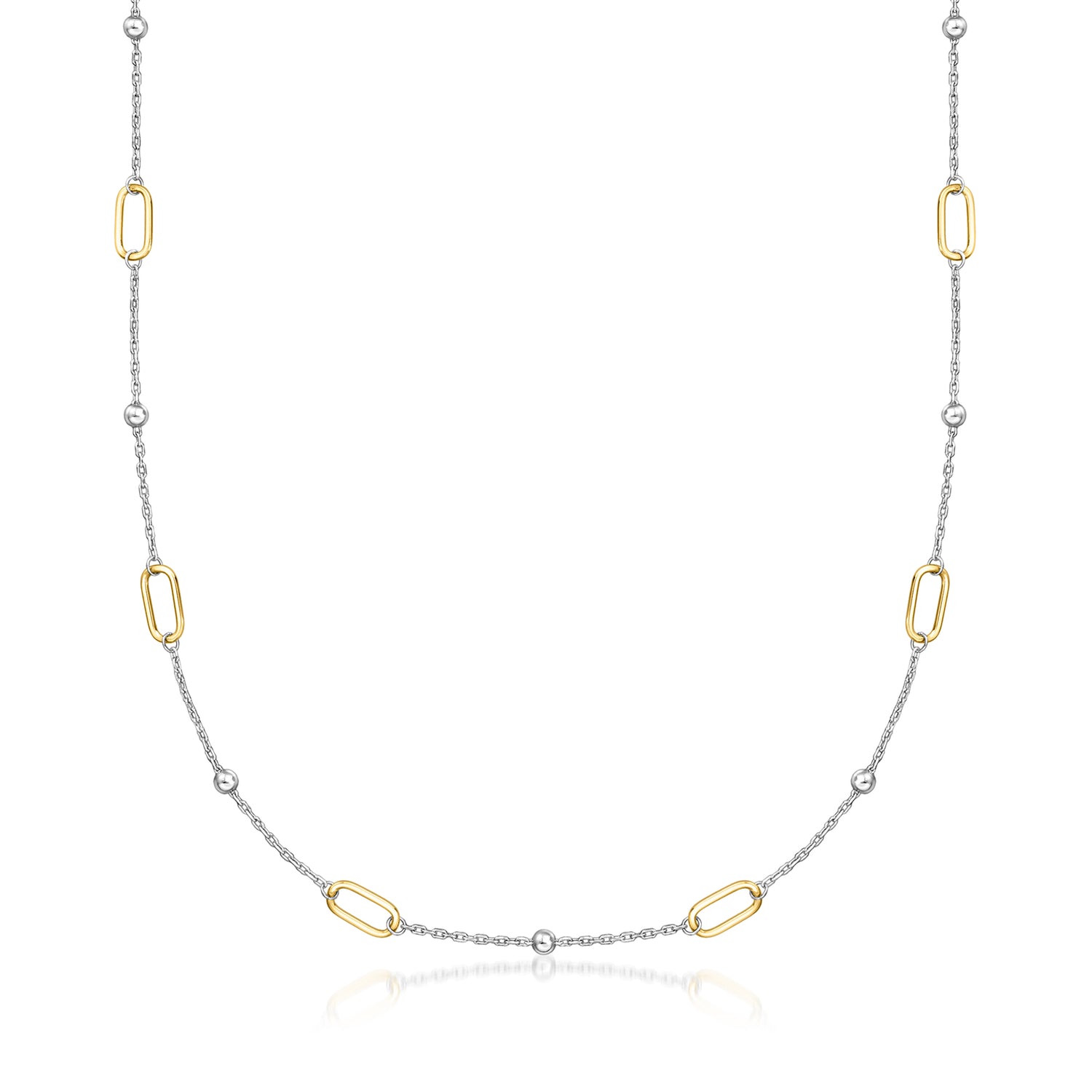 18kt Gold Over Sterling and Sterling Silver Paper Clip Link Bead Station Necklace