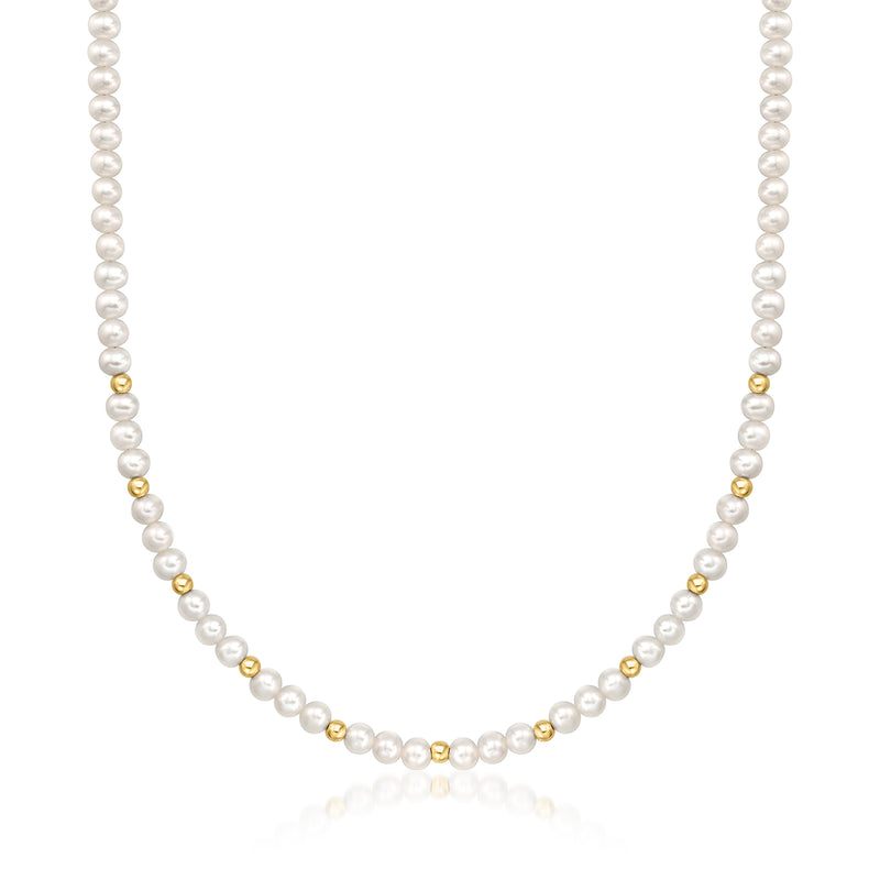 Cultured pearl bead necklace with 14kt yellow gold bead accents, single strand.