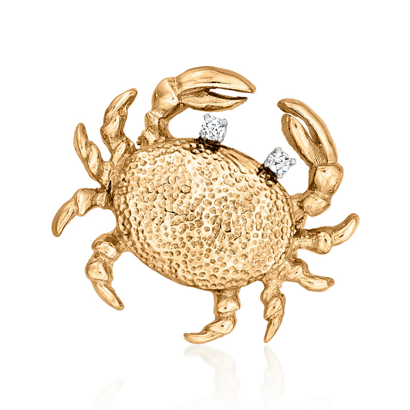 Vintage 14kt yellow gold crab pin with textured shell and two diamond accents
