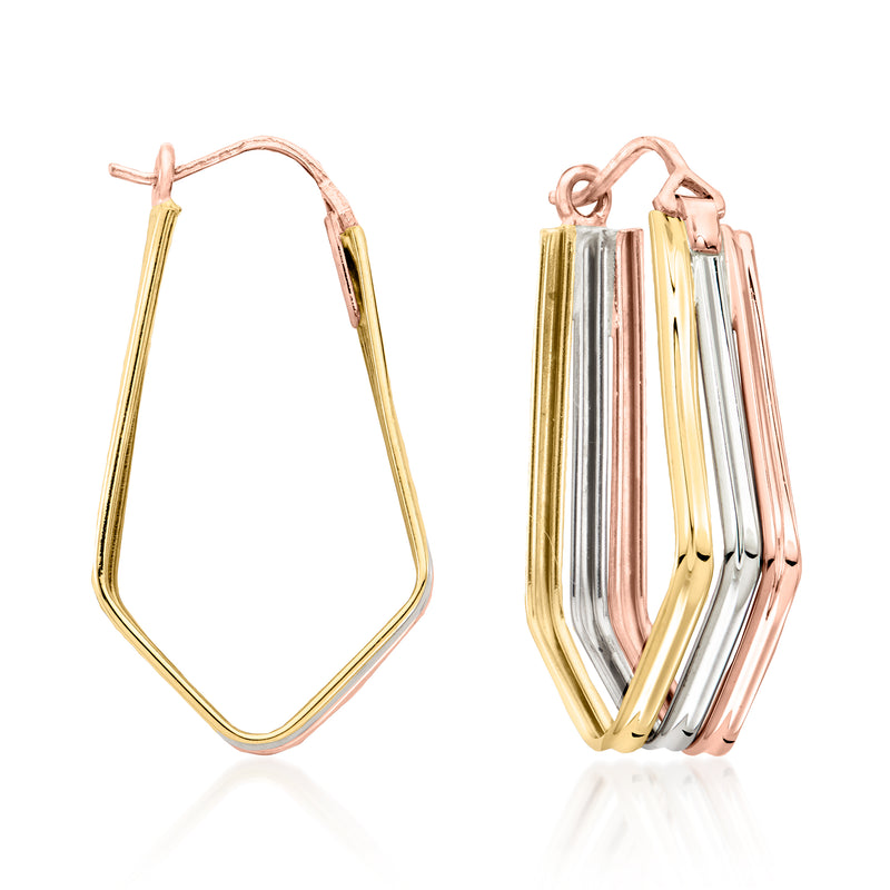 Tri-colored gold geometric hoop earrings with layered oval hoops