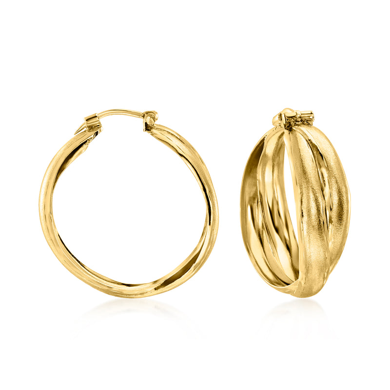 Vintage 18kt yellow gold crisscross hoop earrings, hinged hoop with twisted front
