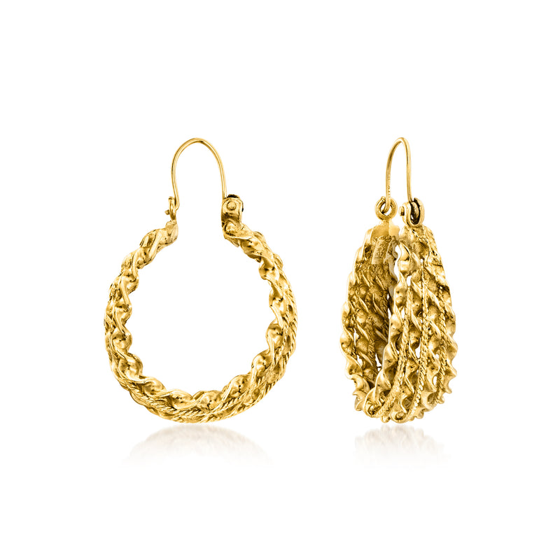 Vintage 14kt yellow gold twisted hoop earrings, textured rope-like hoops on hooks