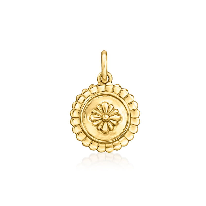 14kt yellow gold floral circle charm, scalloped edge with flower center
