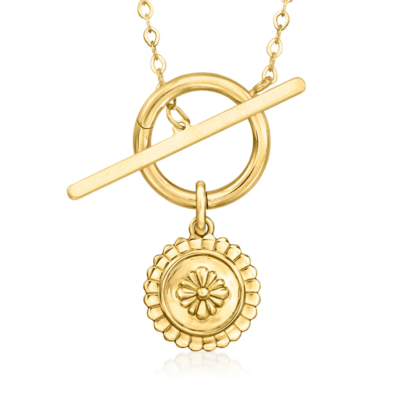 14kt yellow gold floral circle charm pendant on chain, with hoop and bar