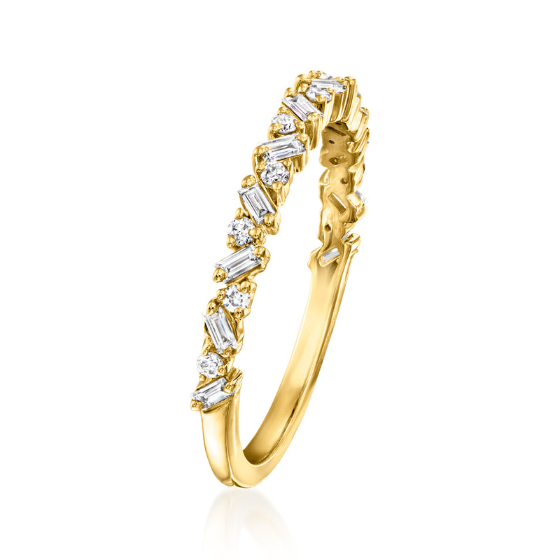 Gold over sterling diamond band with curved profile and baguette-and-round stones