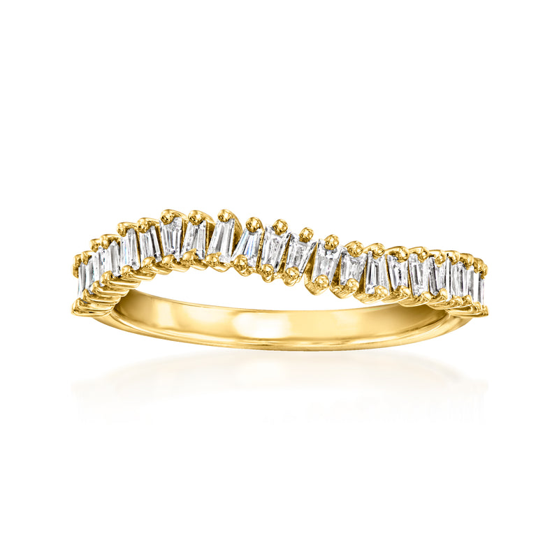 Wavy baguette lab-grown diamond ring in yellow gold over sterling with gold prongs