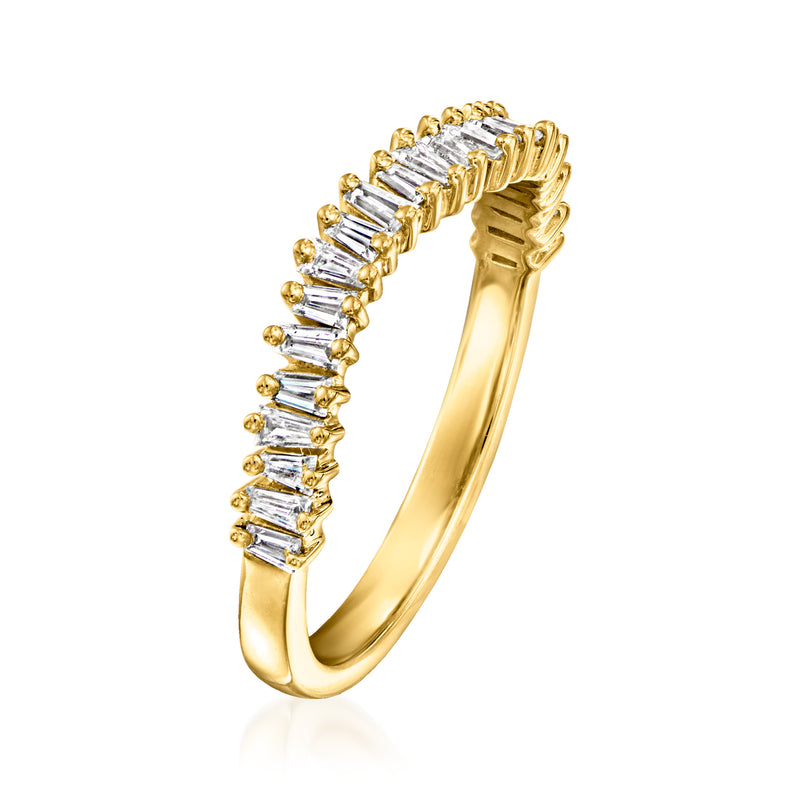 Wavy baguette lab-grown diamond ring, yellow gold over sterling, side view with baguette stones