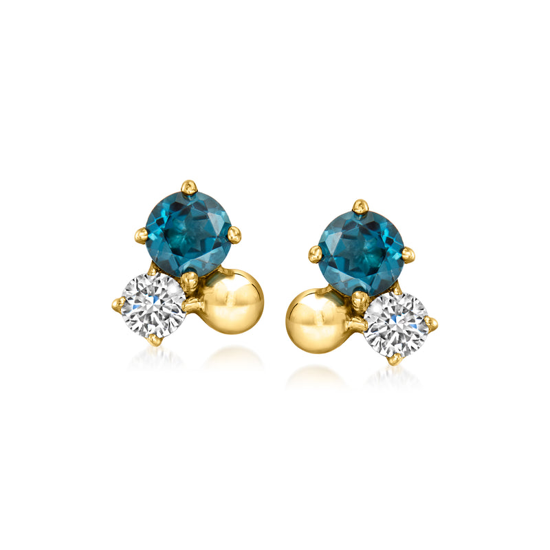 Round blue topaz and diamond stud earrings on 18kt gold over sterling posts