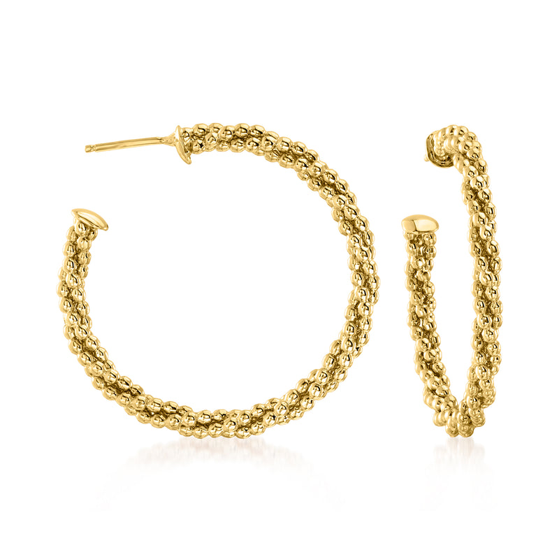 14kt yellow gold twisted beaded hoop earrings with textured hoop and post backs