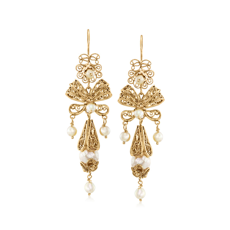 14kt yellow gold drop earrings with scroll filigree and white cultured pearls, earwire