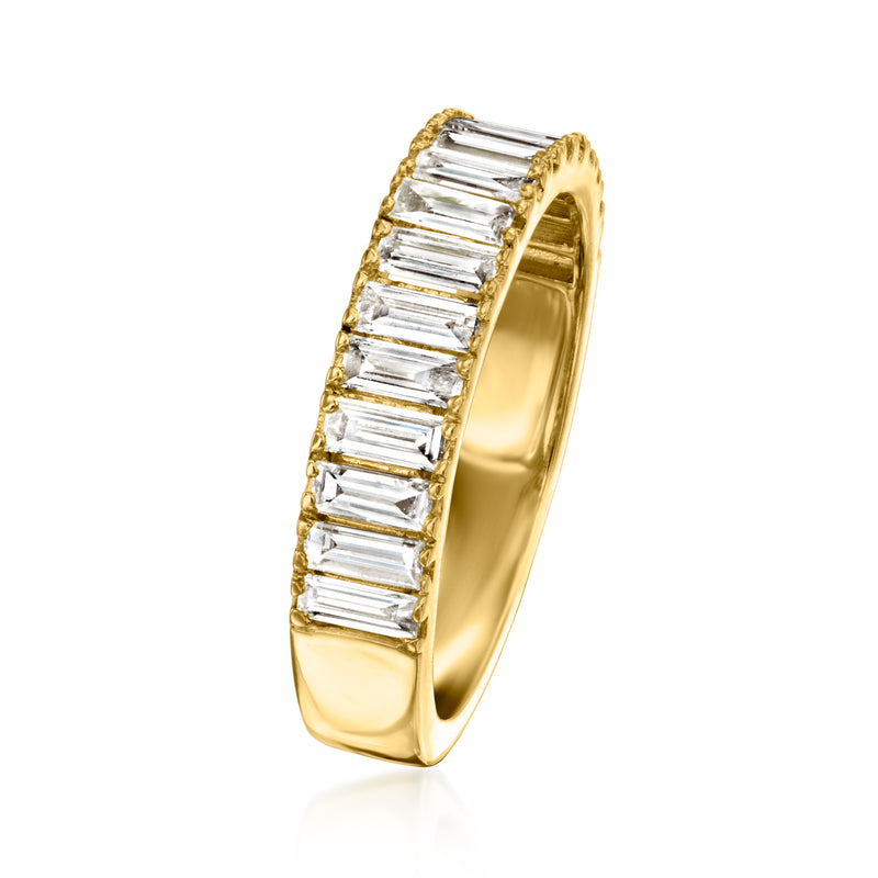 Baguette diamond ring side view in gold-tone settings along the band