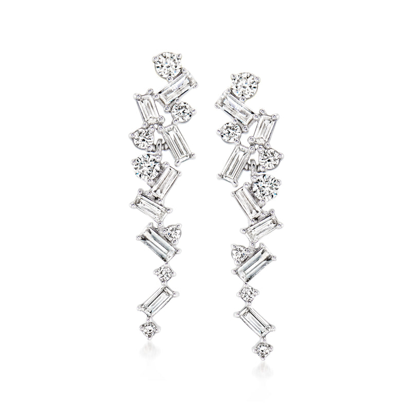 Sterling silver diamond drop earrings with baguette and round stones in a vertical design
