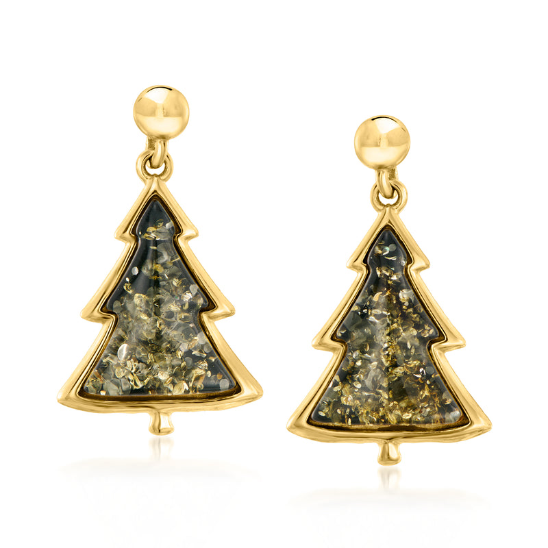 Gold drop earrings with green amber Christmas tree charms, triangular cutout style