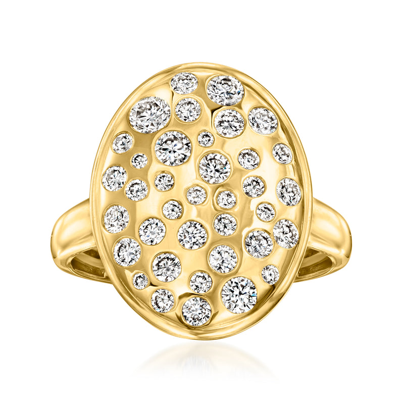 Gold oval ring with scattered round diamonds, high-profile setting on polished band