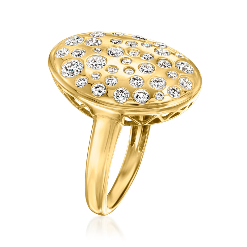 Gold oval ring view from side, scattered round diamonds across the top