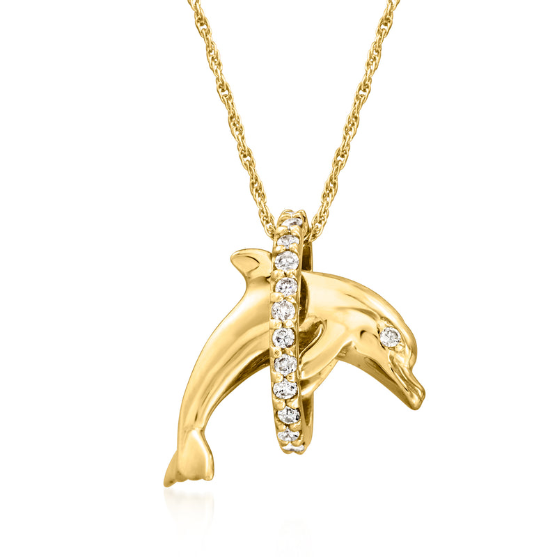 14kt yellow gold dolphin pendant necklace with diamond-accented details