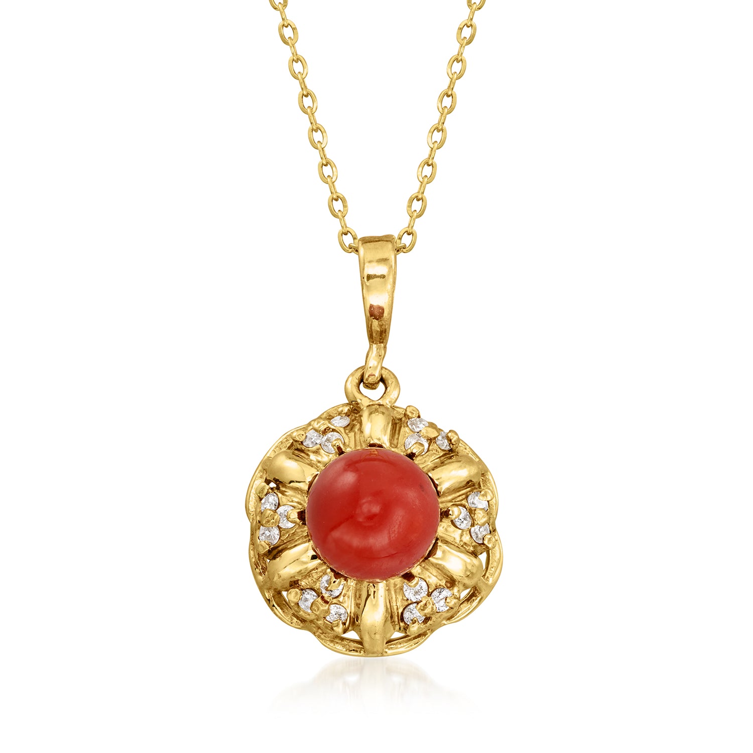 C. 1980 Vintage Red Coral Pendant Necklace with .30 ct. t.w. Diamonds in 18kt Yellow Gold