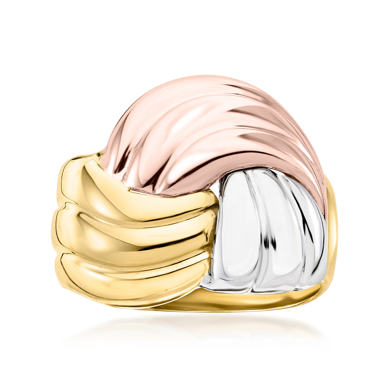 Tri-colored gold knot ring with polished gold, rose, and silver tones, shiny finish