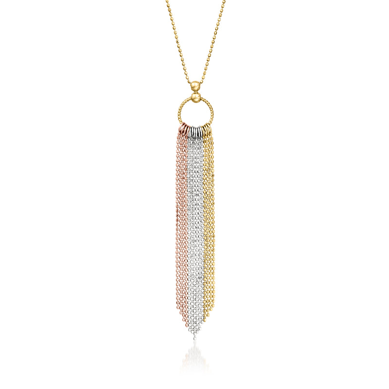 Vintage tri-colored tassel necklace with gold-tone chain and circular clasp