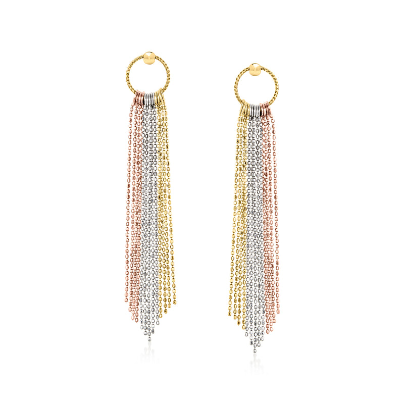 Tri-colored gold tassel drop post earrings with multicolor beaded chain strands