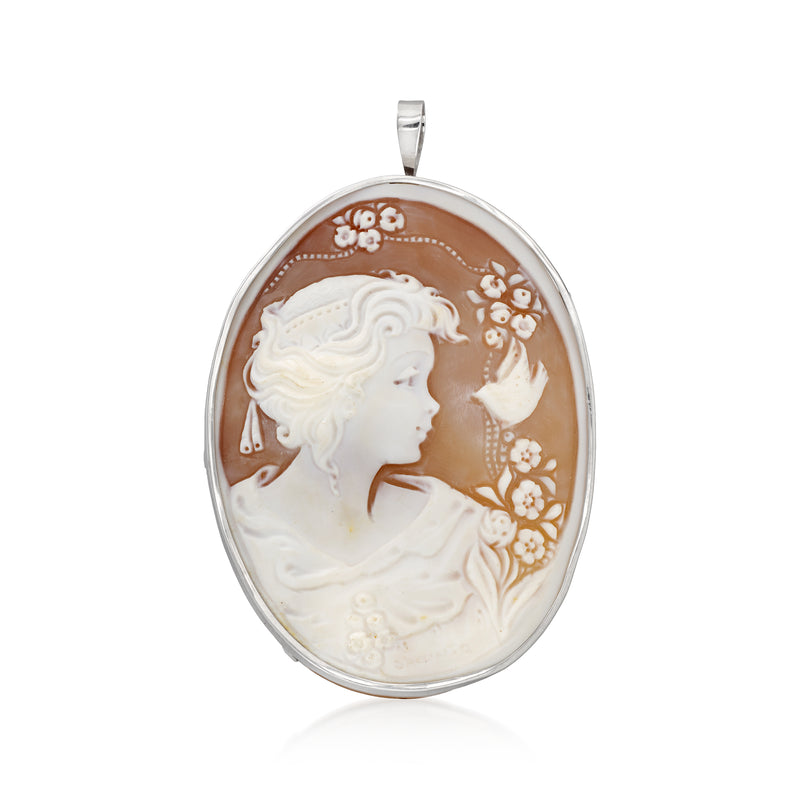 Platinum oval shell cameo pendant with white woman profile on brown background
