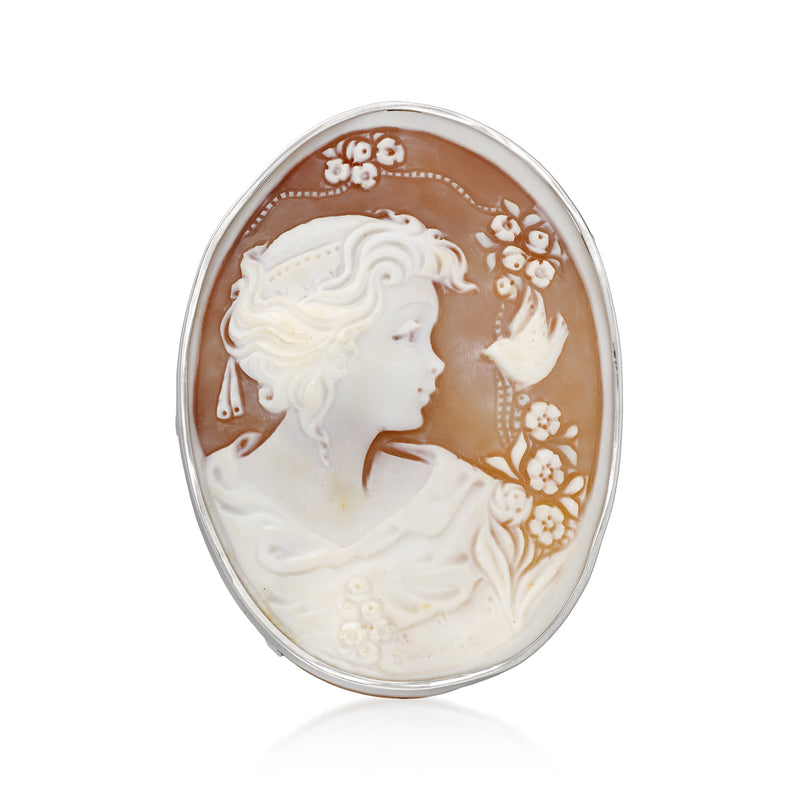 Platinum oval cameo pendant with white lady figure and floral motifs on brown shell