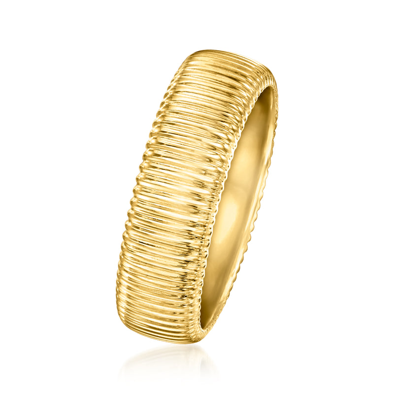 Gold vermeil ribbed band ring, side view of rounded ridged texture