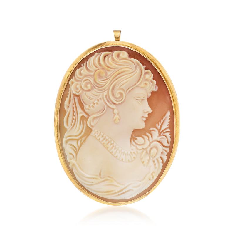 Vintage oval shell cameo pendant in 18k yellow gold with cream profile in brown bezel