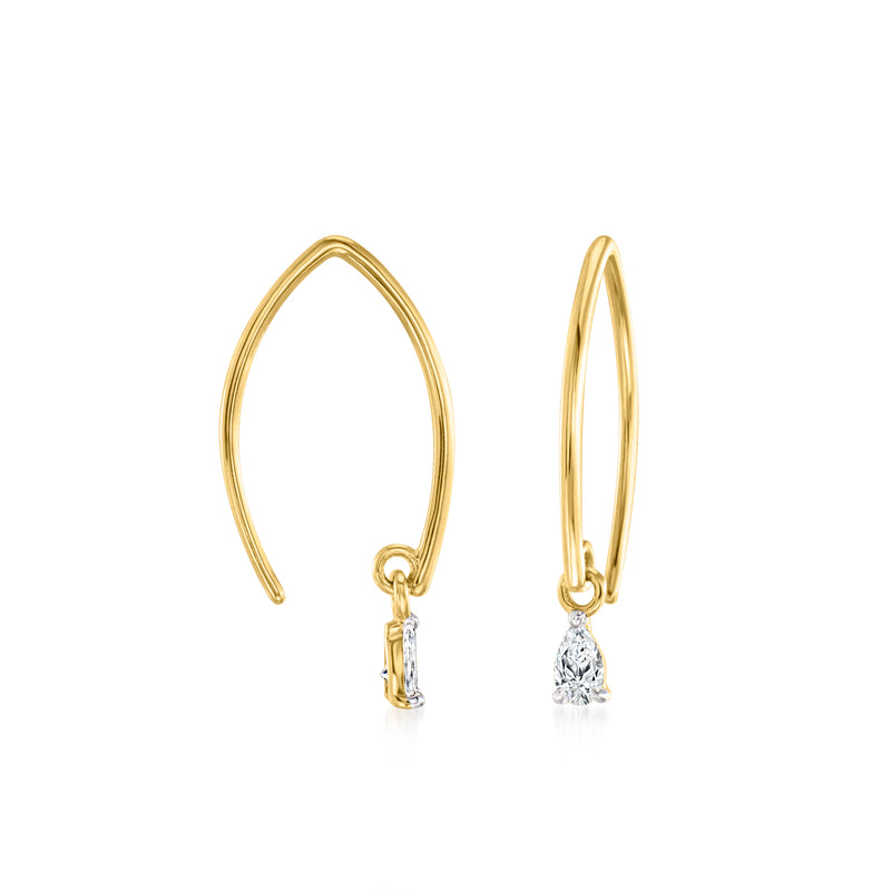Pear-shaped diamond drop earrings in 14kt yellow gold, angled side view
