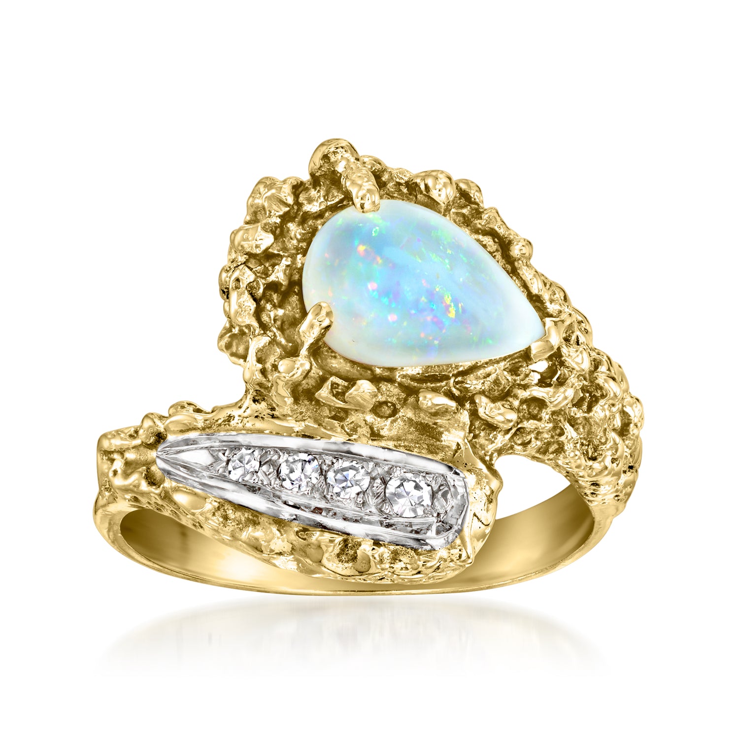 C. 1970 Vintage Opal and Diamond Bypass Ring in 14kt Yellow Gold
