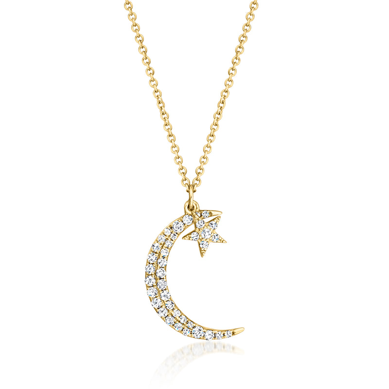 14kt yellow gold moon and star diamond pendant necklace on gold chain